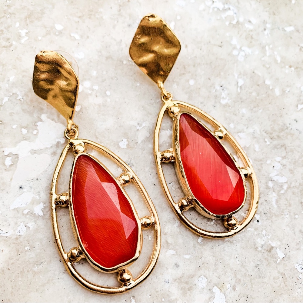 Handmade cat eye crystal orange earrings